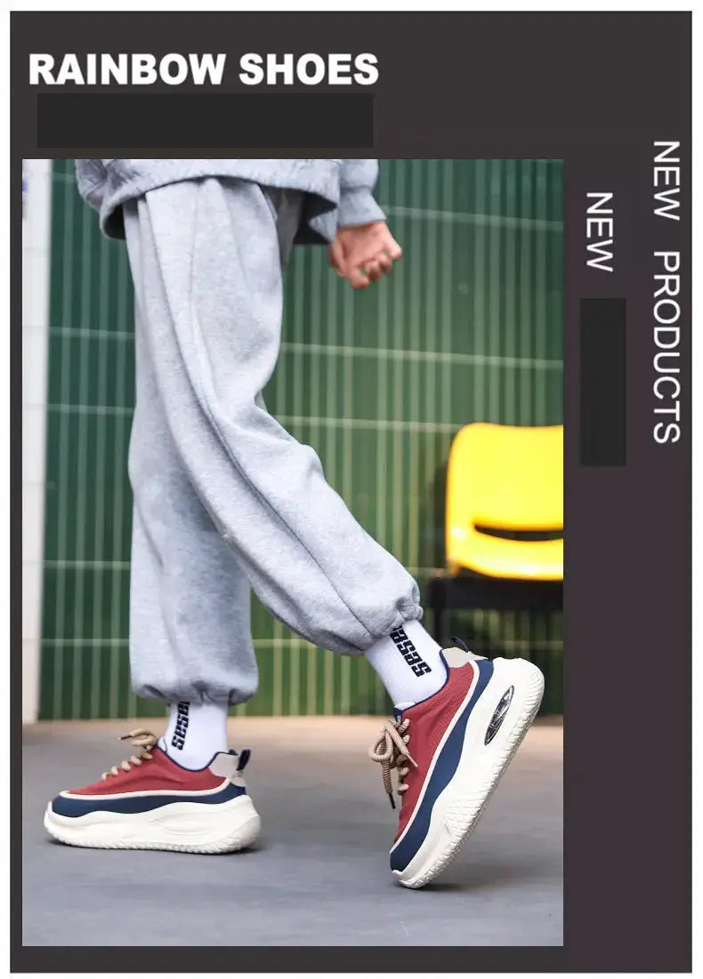 Simples Market men's casual sports shoes with thick white sole; red and navy skate sneakers.