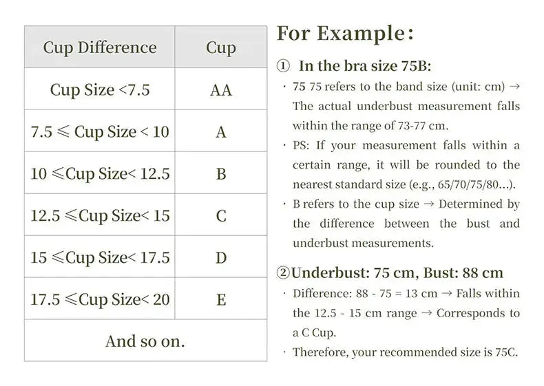 SUJIIN bra size chart showing cup sizes AA to E and bust/underbust measurement guidance