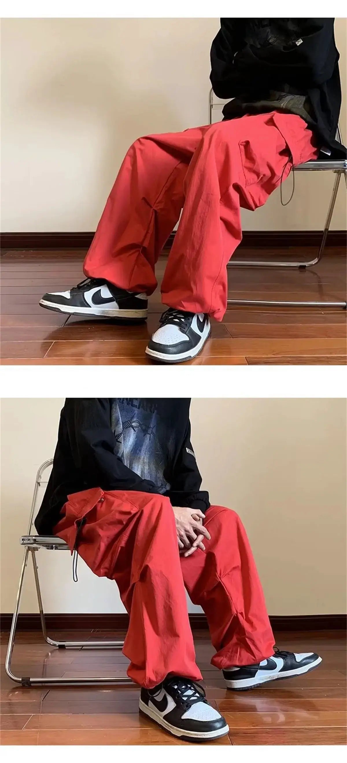 Red streetwear harem cargo pants with elastic waist and multiple pockets