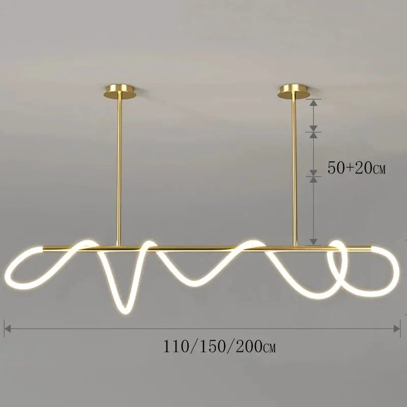 Nordic brass chandelier with looping LED tube, Simples Market ceiling dining pendant, 110/150/200 cm