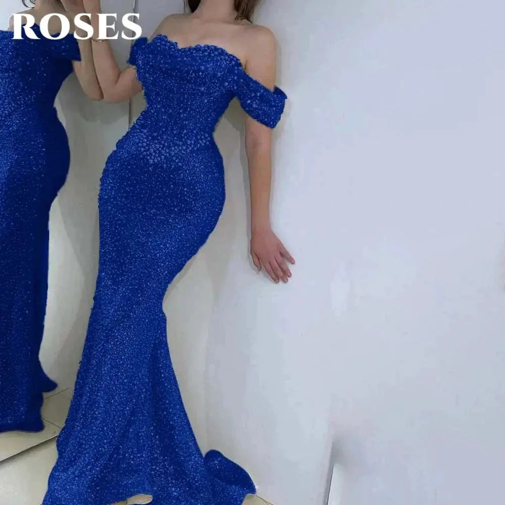 Roses Pearl Prom Dress Sweetheart Off Shoulder Gown With Sequins
