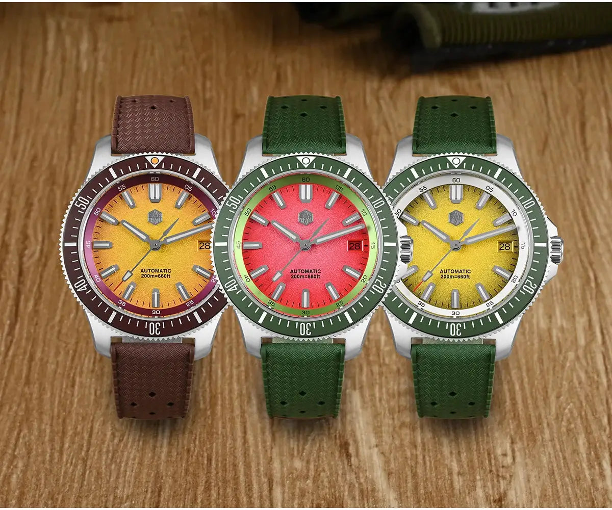 San Martin 40mm dive watch 3-pack by Simples Market, NH35 automatic, 200m water resistant, orange/red/yellow dials