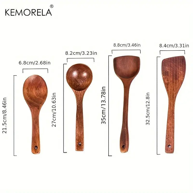 Kemorela 4 Piece Kitchen Utensil Set Wooden Cooking Tools Spatula Spoon Scoop Nonstick Safe For Nonstick Pans