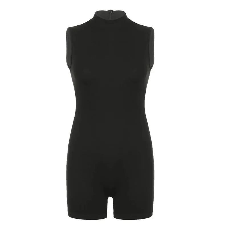 Women's black sleeveless jumpsuit with high neck and invisible zipper