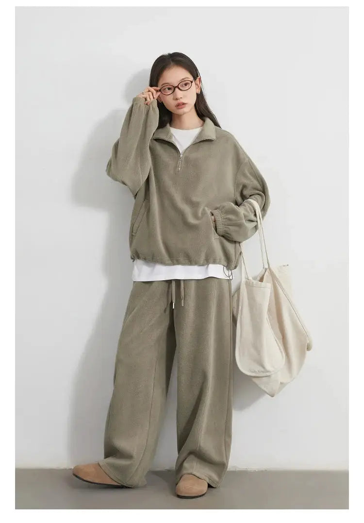 CHIC VEN Women's Velvet Sweatsuit Set Stand Collar Top Wide Leg Pants