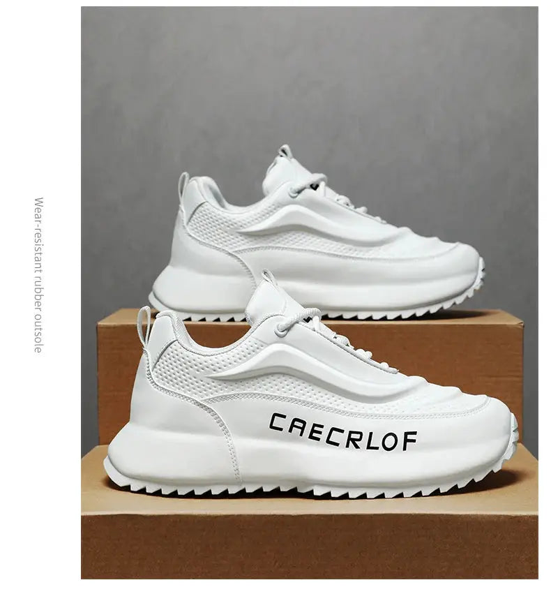 CAEC RLOF men's white lightweight sneakers with breathable mesh and non-slip sole, pair on boxes
