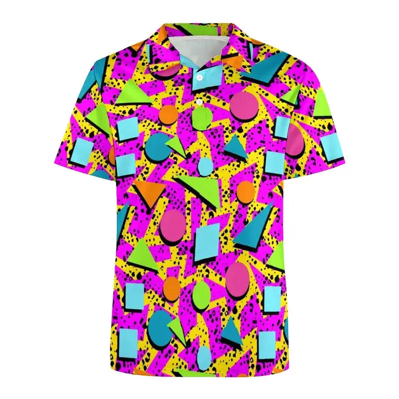 Polo shirt with neon 80s/90s geometric print in pink, purple, yellow and blue, short sleeves