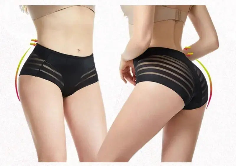 High waist seamless briefs in black with transparent mesh panels for tummy control shapewear by Simples Market