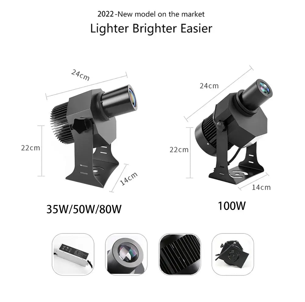 Advertising Gobo projector, black outdoor IP67 LED; two projectors shown (35–80W, 100W) on metal brackets