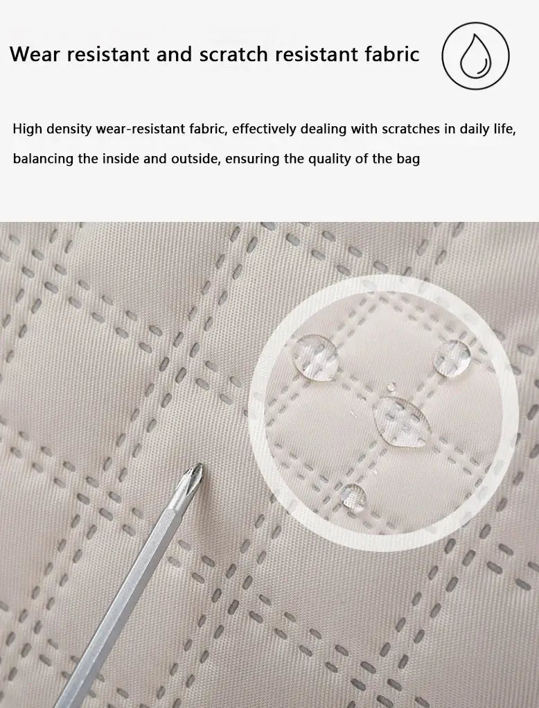 Durable nylon travel duffle bag close-up in beige with wear- and scratch-resistant argyle fabric