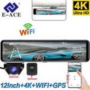 E-ACE 12-inch 4K WiFi dash cam rearview mirror with GPS by Simples Market