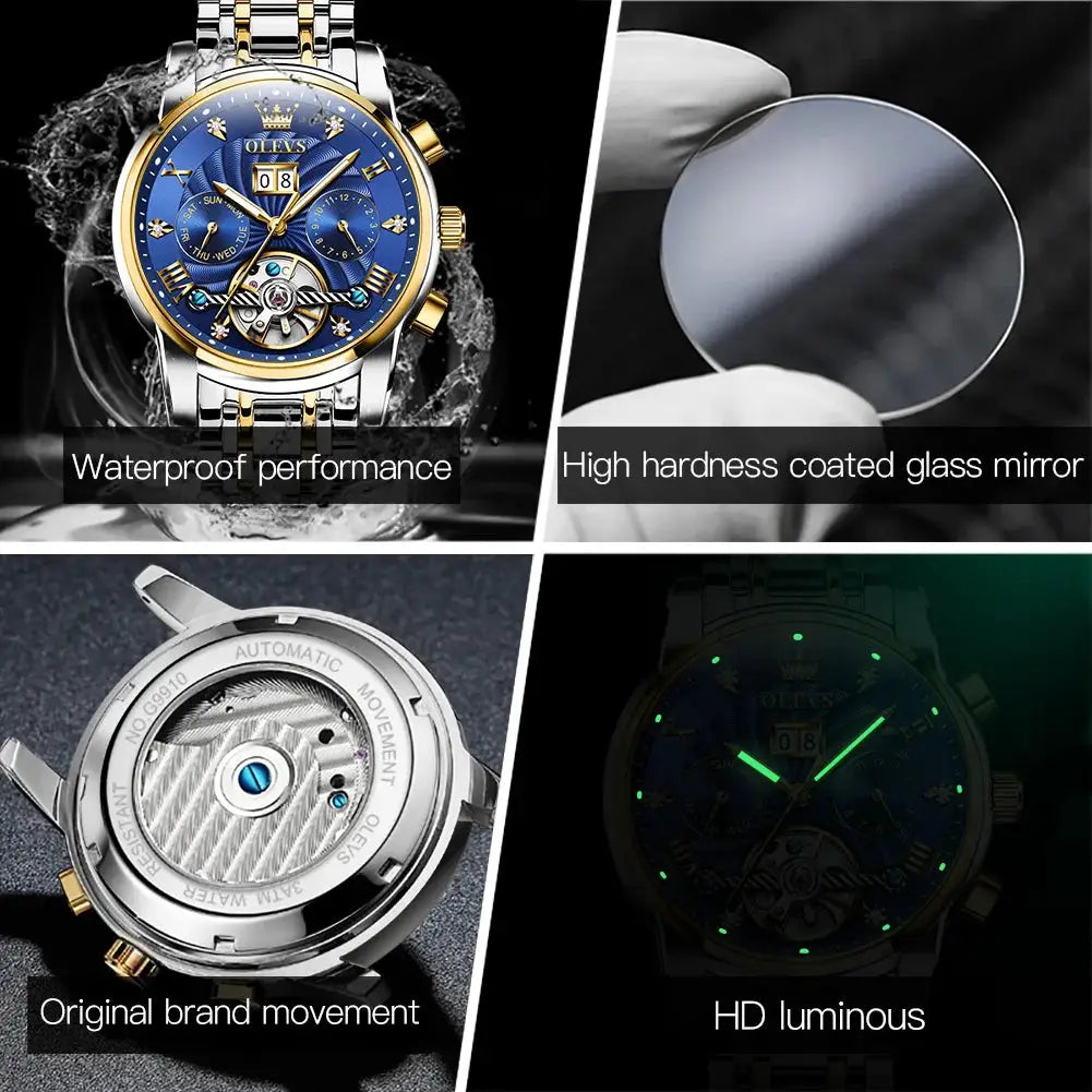 OLEVS 9910 Mens Watch Waterproof Luminous Automatic Mechanical Dual Calendar Date Stainless Steel Band