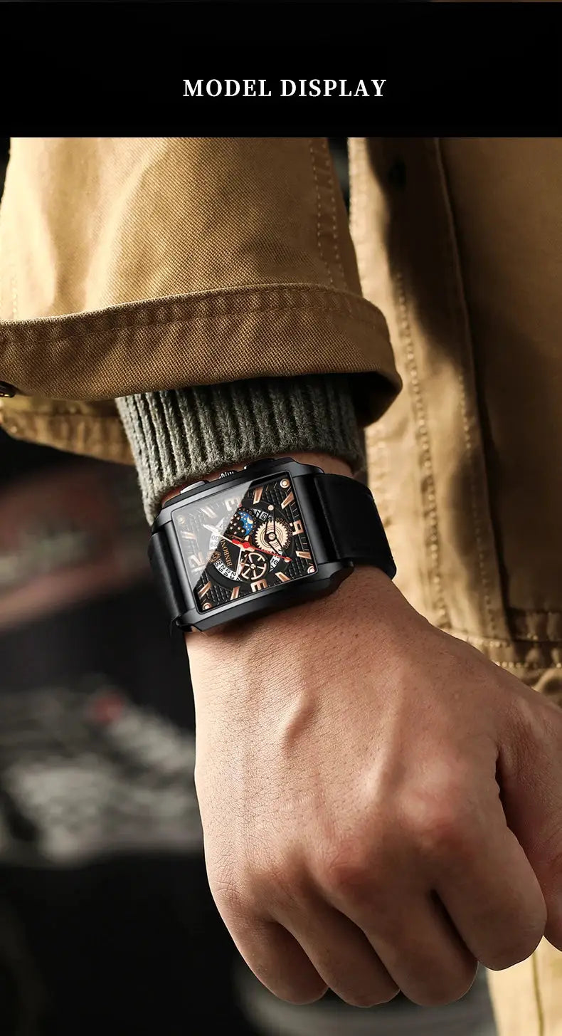 BINBOND Auto Date Precise Men's Watch; black rectangular case with skeleton dial and black strap
