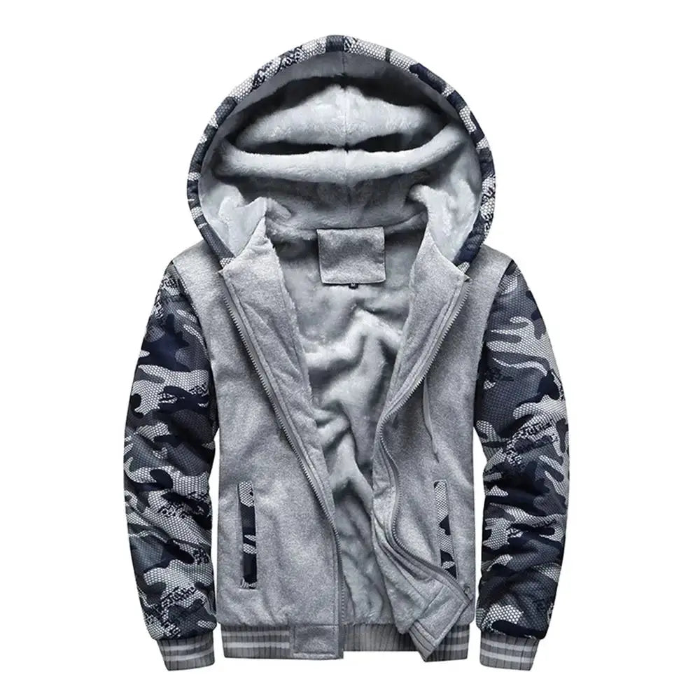 Men's camouflage fleece-lined winter jacket by Simples Market, grey hooded coat with zip pockets