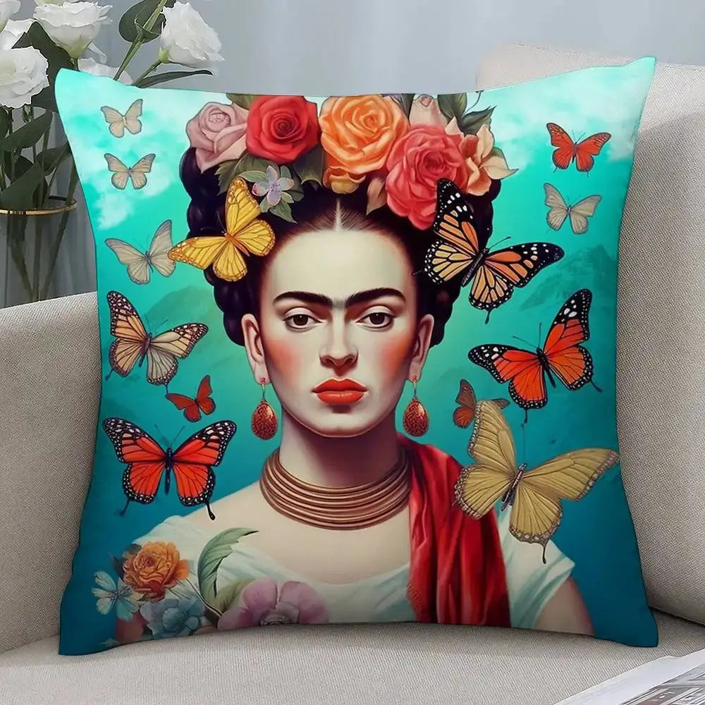 Art pillow cover with floral headdress and butterflies, double-sided print, turquoise background, Simples Market.