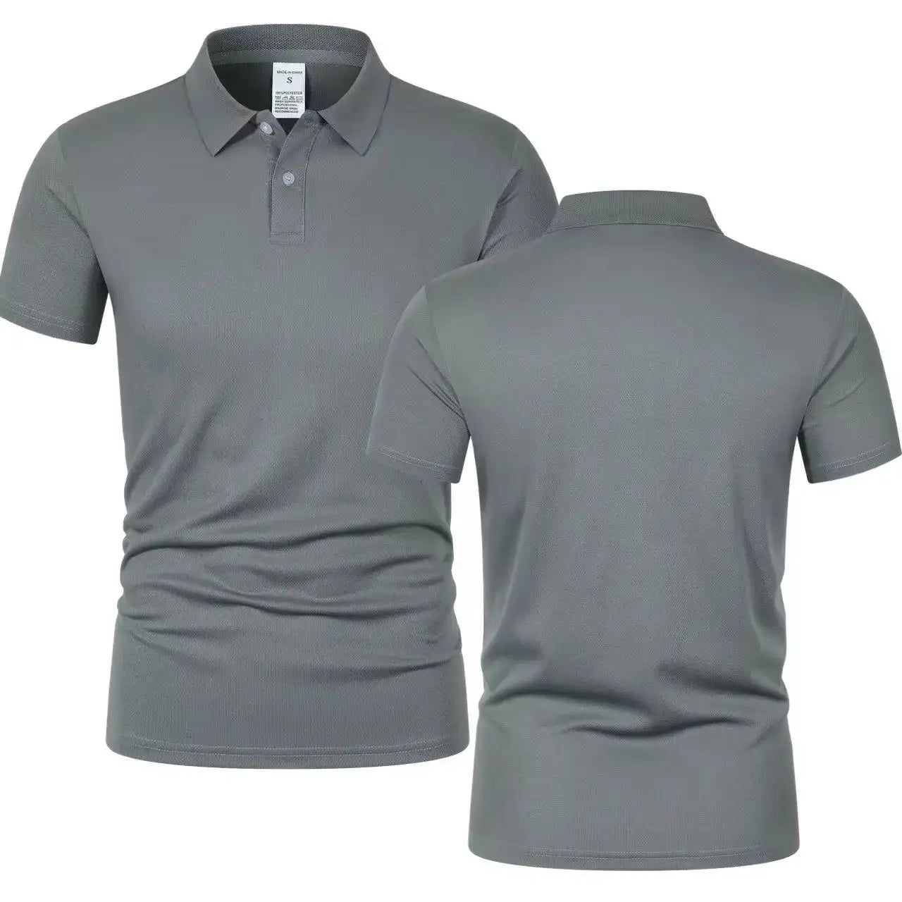 Men's gray short-sleeve polo shirt with collar, breathable solid color, oversized relaxed fit.
