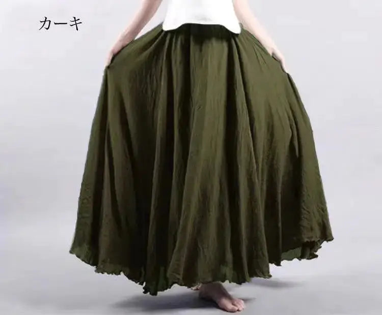 Mori Girl cotton-linen long skirt in khaki with elastic waist, A-line style.