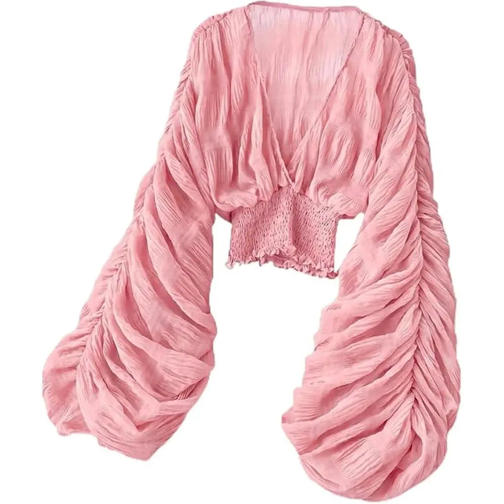 Simples Market pink draped chiffon blouse with V-neck, puff long sleeves, smocked waist.