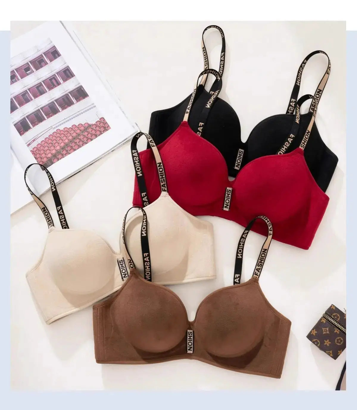 Push-up bra set with wireless, smooth cups in black, red, beige and brown (5 pcs) with branded straps