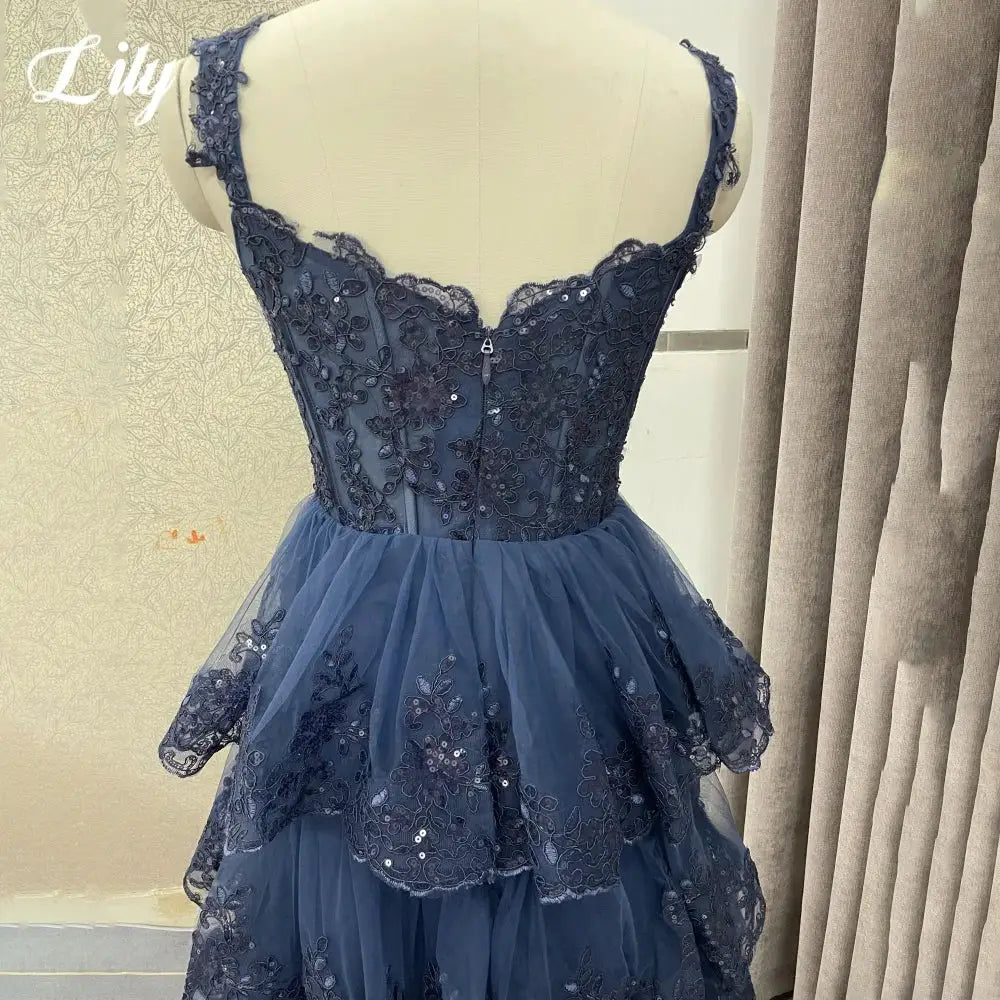 Lily Navy Blue Sweetheart A Line Dress Tiered Pleats Spaghetti Strap