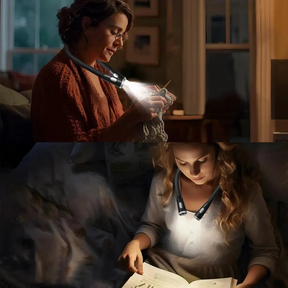 LED neck hanging reading light, USB rechargeable, eye-protection book light for night reading; two lights shown.