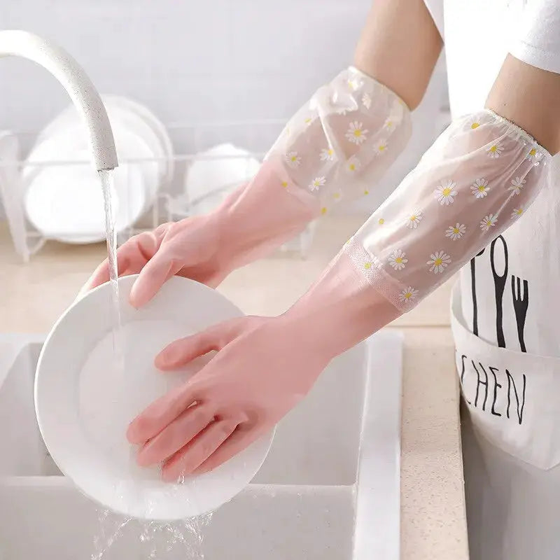 Cleaning gloves with floral-pattern; transparent latex waterproof with daisy print for kitchen dishwashing and housework.