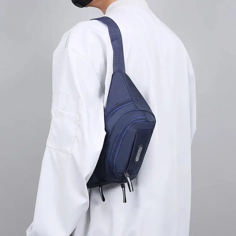 Simples Market men's navy blue waist bag with multiple zipper pockets