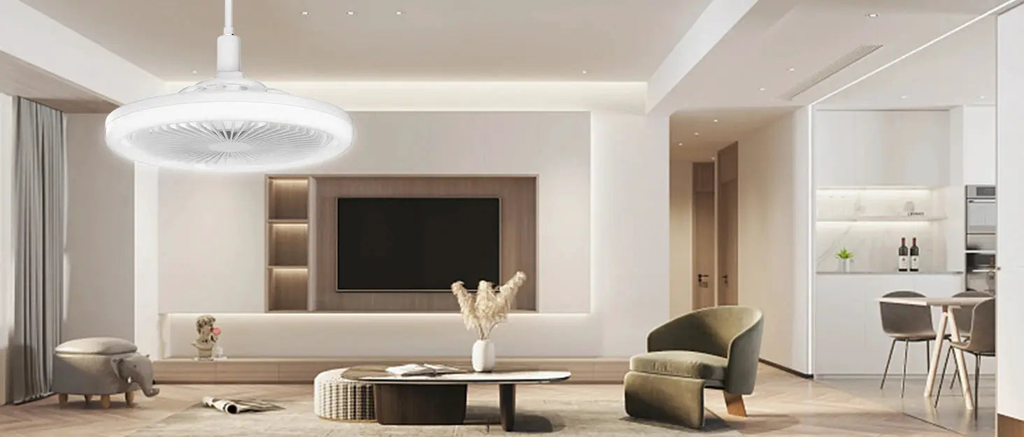 IRALAN ceiling fan with LED light, white finish, remote control in a modern living room.