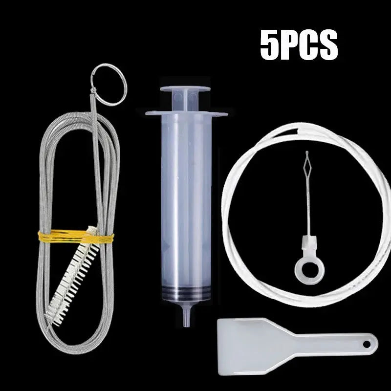5-piece refrigerator drain-hole cleaner set with clear plastic syringe, braided metal brush, tubing, pull-ring, and spatula