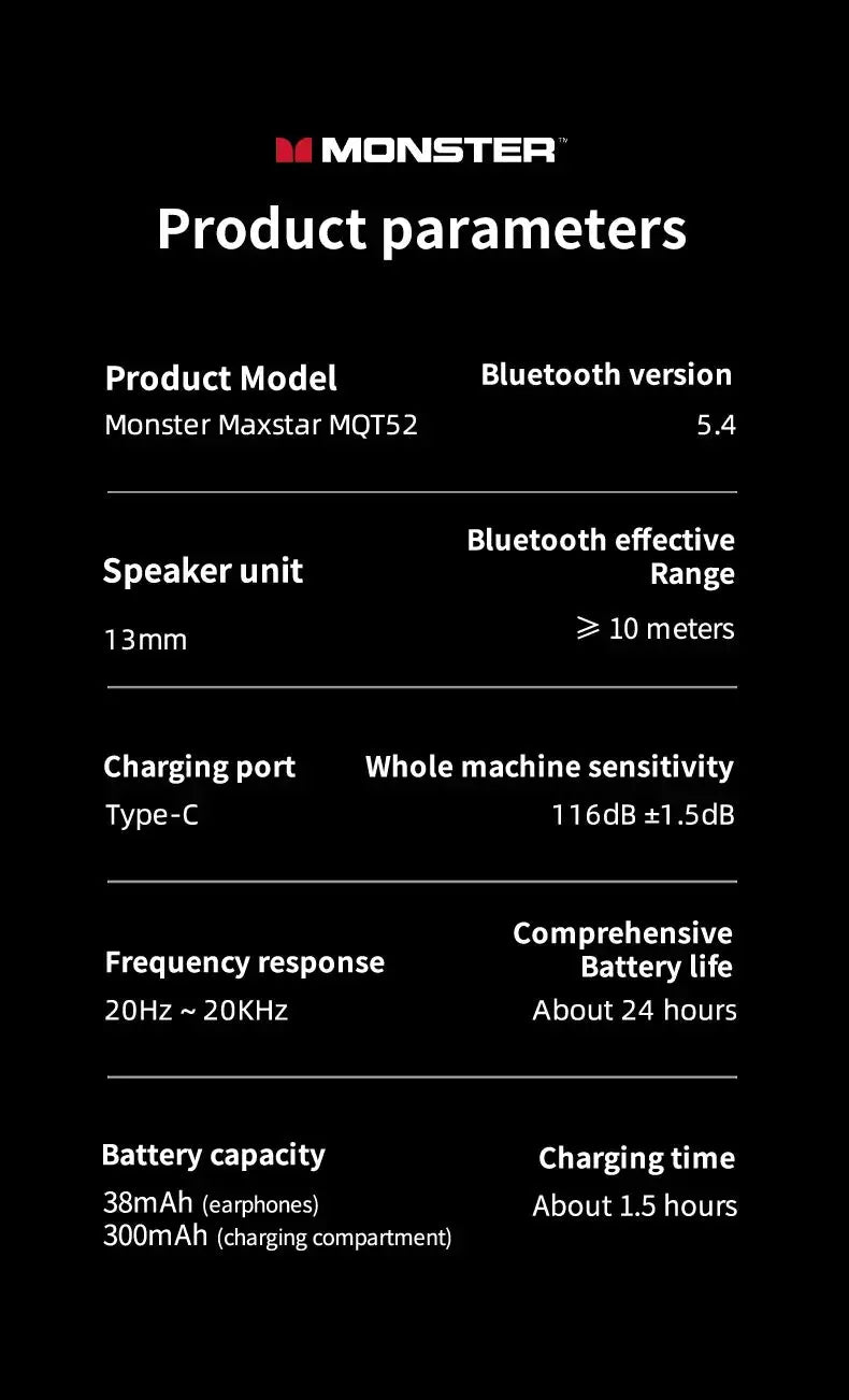 Monster MQT52 wireless gaming headset specs infographic showing Bluetooth 5.4, 13mm driver, Type-C charging