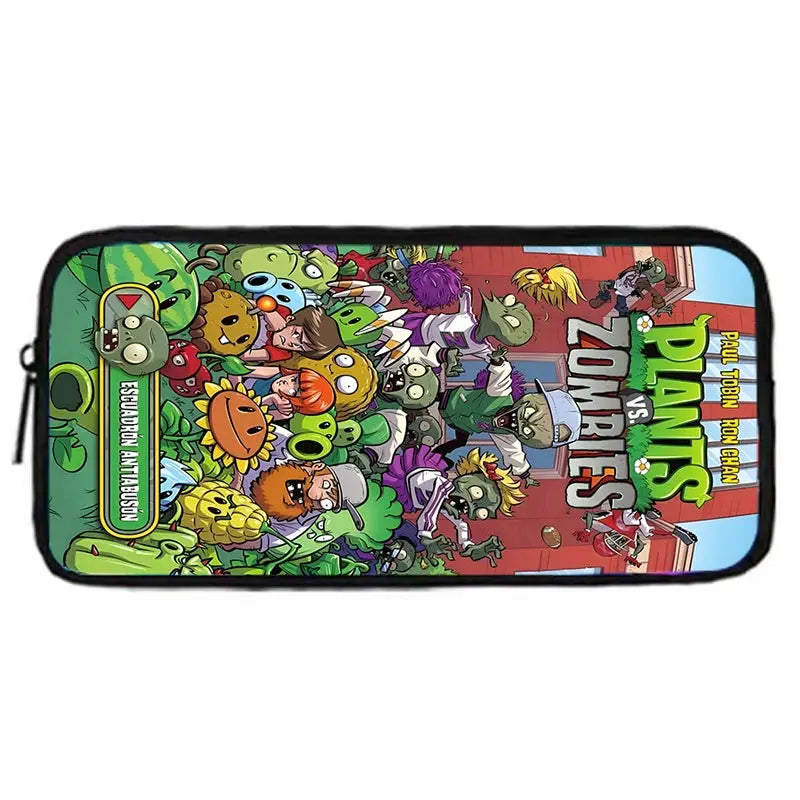 Pencil bag with colorful Plants vs Zombies characters and black-trim zipper