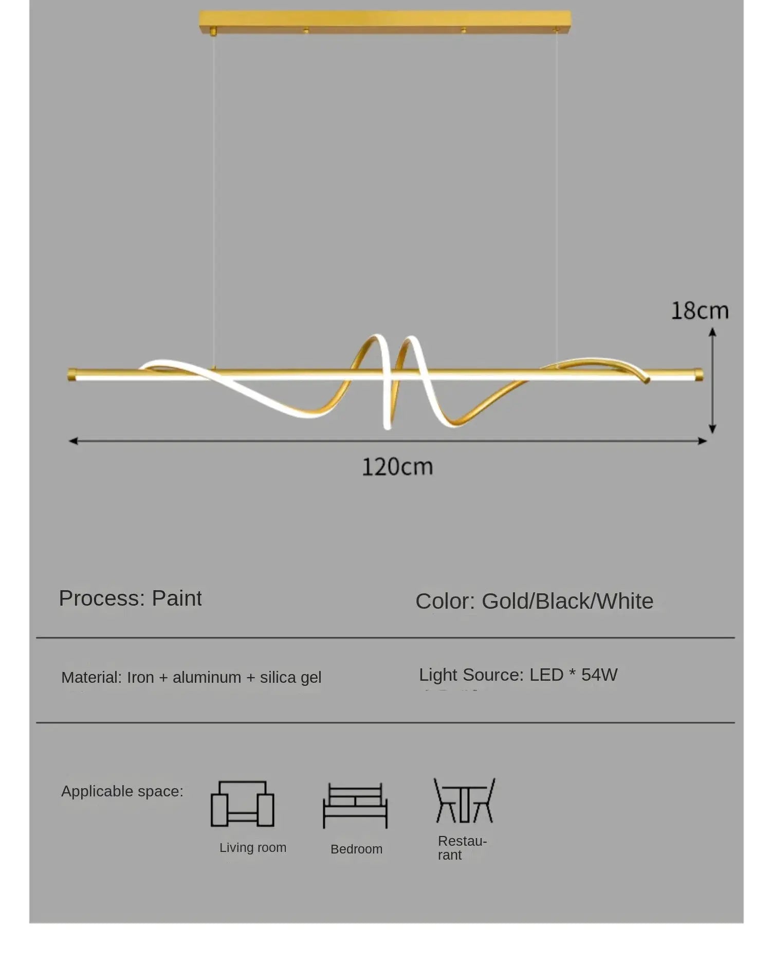 Modern LED living room pendant light by Simples Market, gold and white twisted bar, 120 cm long