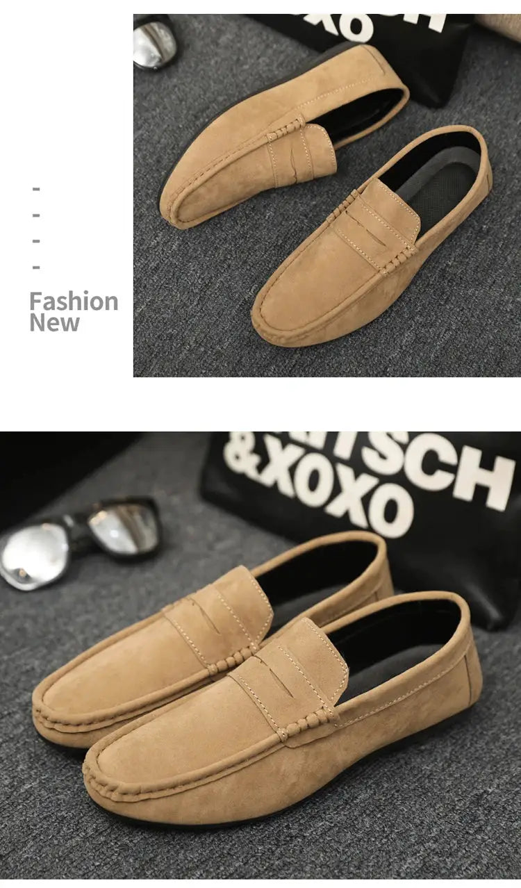 Casual men's driving loafers, pair in khaki suede, versatile work footwear