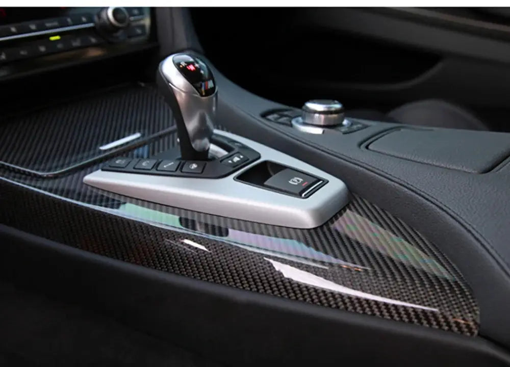 Car wrap sticker 9D carbon fiber, glossy black, self-adhesive on center console panel