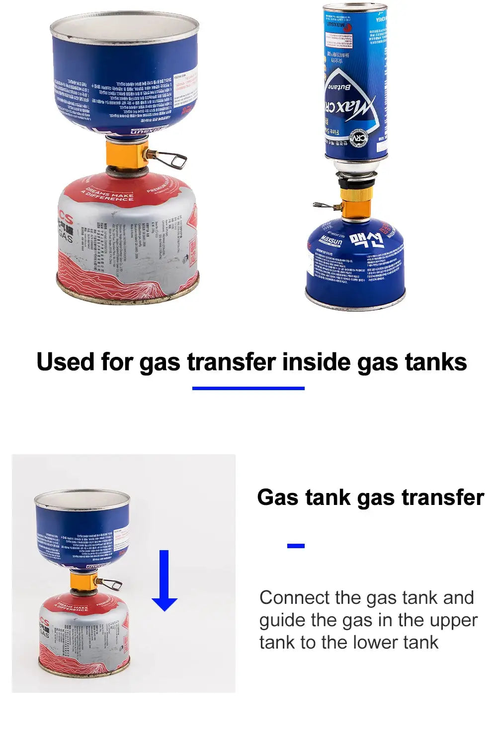 Widesea camping stove propane refill adapter for gas transfer; orange valve with blue and red gas canisters, two setups.