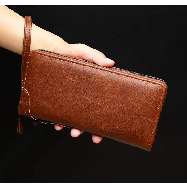 Men's long zipper wallet in brown PU leather by Simples Market