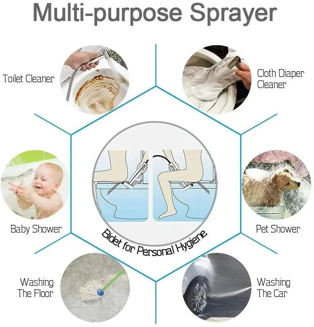 Handheld stainless steel bidet sprayer set by Simples Market; multipurpose bathroom sprayer for toilet and more.