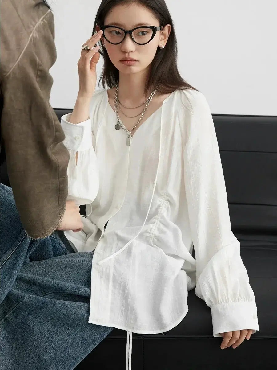CHIC VEN white loose lace-up V-neck shirt for women, long sleeves, Simples Market