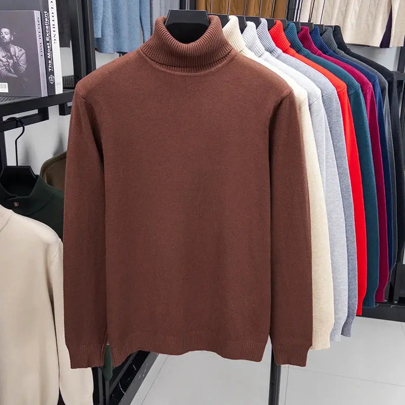 Men's brown knitted turtleneck sweater with long sleeves, on display with multiple color options