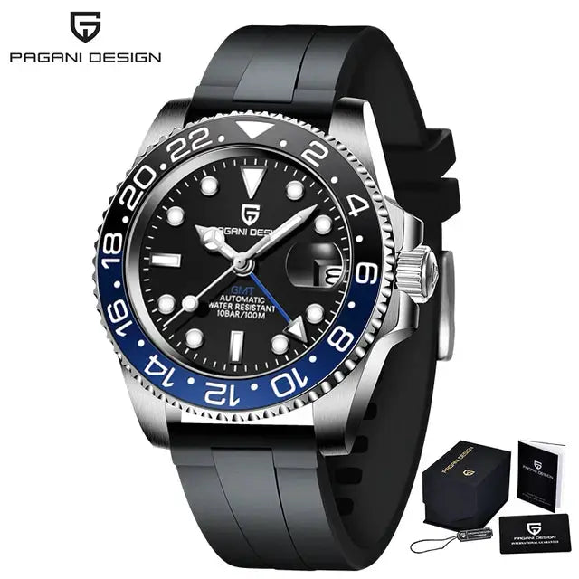Pagani Design V3 GMT men's automatic watch, 40mm stainless steel case, blue/black bezel, black rubber strap, with box.