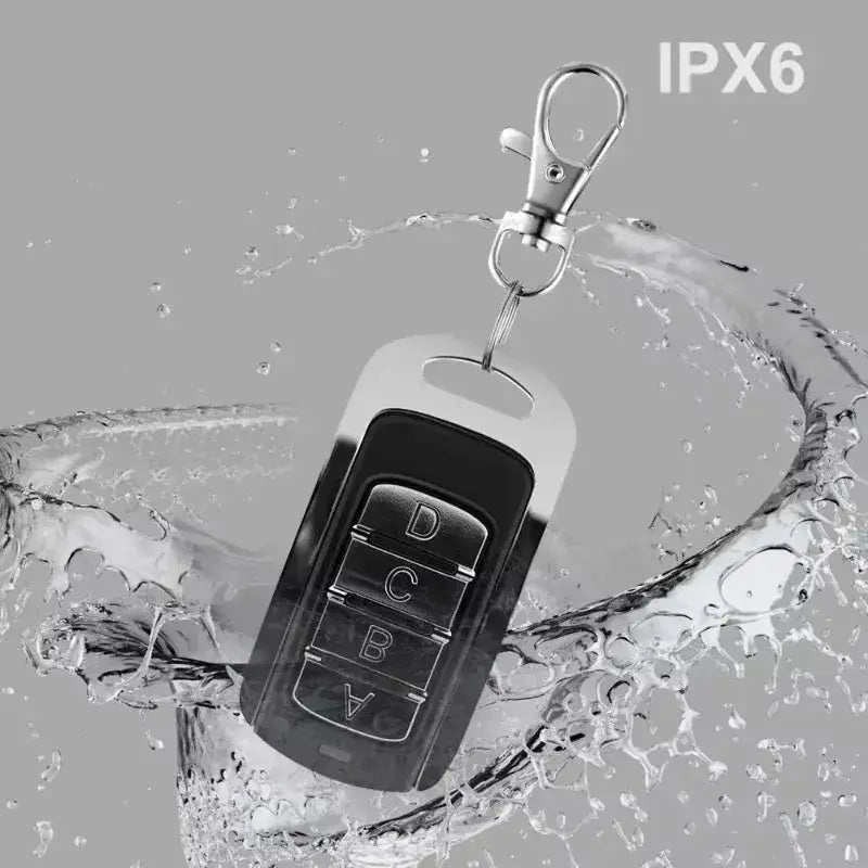4-button garage remote on a keychain, IPX6 water resistant, multi-frequency 280–868 MHz