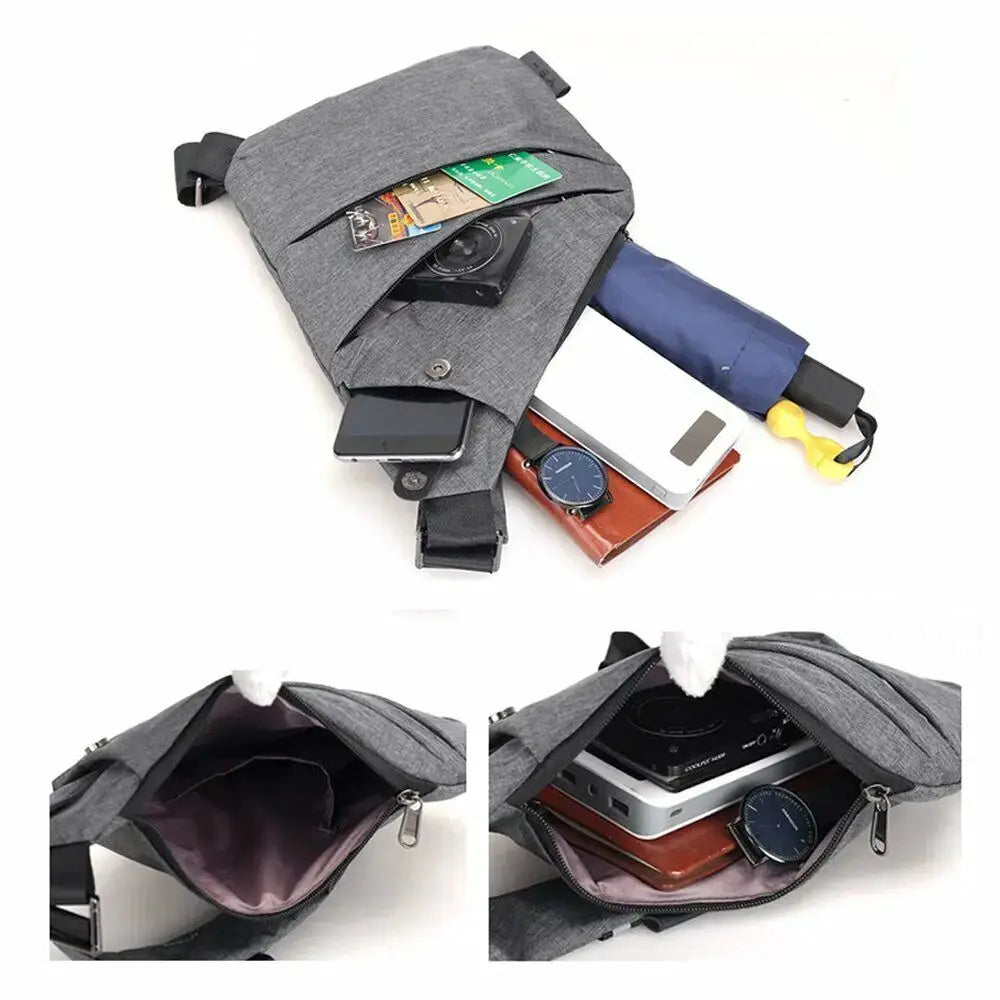 Simples Market gray waterproof crossbody bag with anti-theft design and multiple pockets