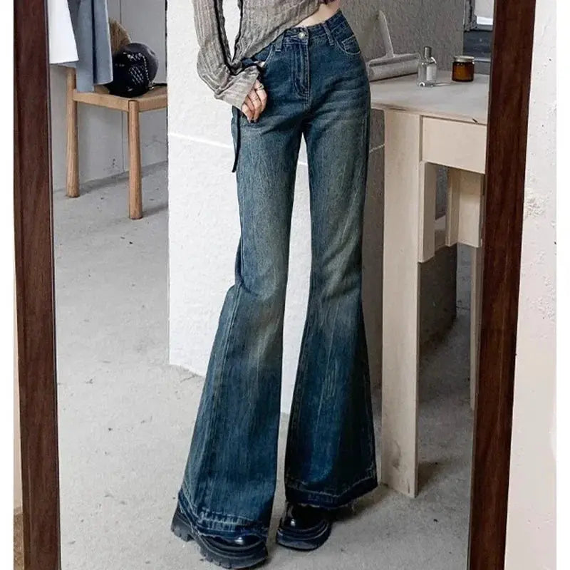 Women High Waist Vintage Flare Jeans Bell Bottom Denim Trousers