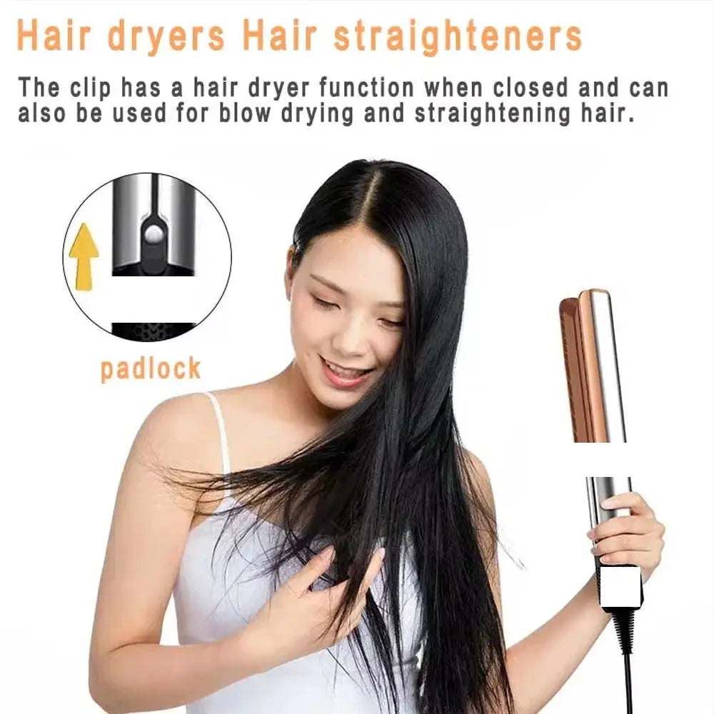 2-in-1 hair dryer and straightener with rose-gold and silver finish, corded flat iron