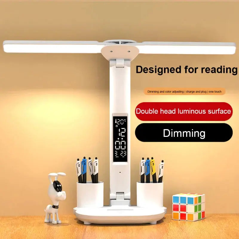 White LED clock desk lamp with two adjustable heads, USB chargeable, dimmable, 180° rotation.