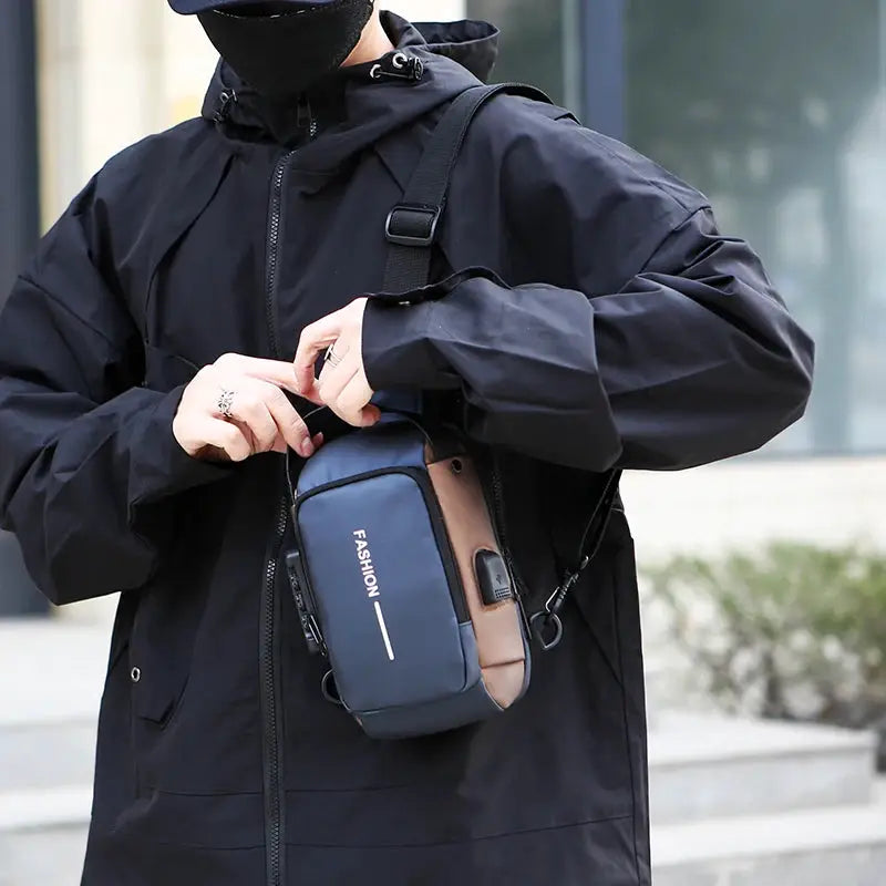 Men's anti-theft chest bag crossbody, navy blue with tan panel, compact fashion pouch