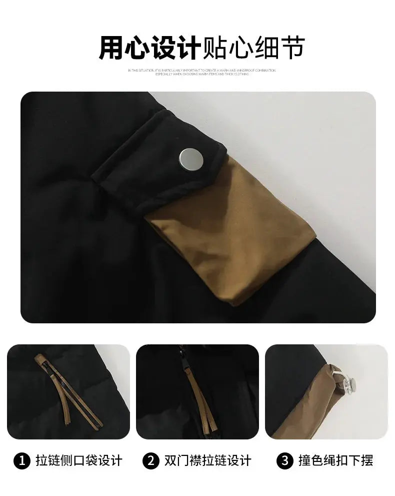 Men's hooded windproof jacket in black with tan sleeve panels, dual zipper pockets and adjustable hem drawstring