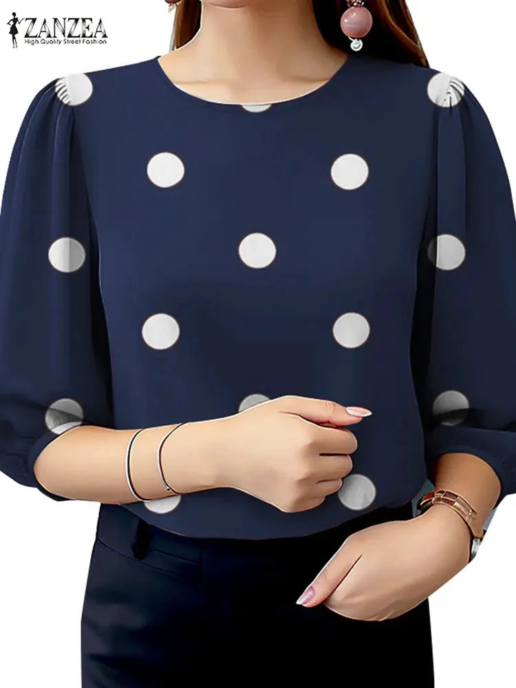 Polka Dot Blouse For Women ZANZEA O Neck Three Quarter Sleeve Top