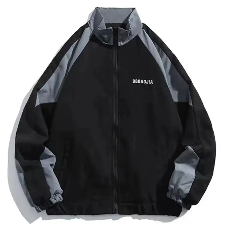 Hip Hop varsity windbreaker jacket in black with gray patchwork, chest logo, Simples Market.