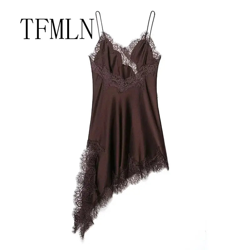 TFMLN Women Sexy Lace Splicing Dresses Slimming Silhouette With Asymmetrical Neckline And Backless Design